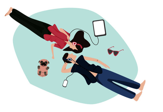 teenager couple listening to music Poscast E-learning with headphone on floor. Psychotherapy Society psychiatry concept. Male Female lying at home. Social distance quantine during coronavirus. Vector