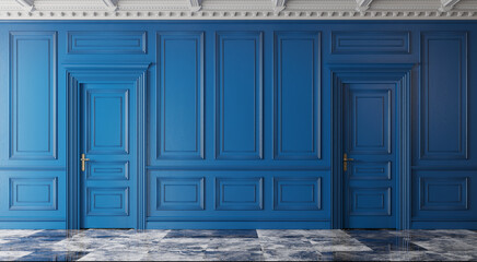 Classic luxury interior with blue walls. 3d illustration