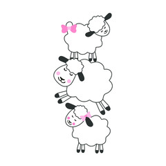 Vector image of a cute tender funny little sheep. Smiling lambs with a bow on the ear. Illustration for printing on children's clothes, textiles, paper.