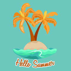 Naklejka premium hello summer illustration with coconut tree on small island