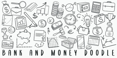 Bank and Money Doodle Line Art Illustration. Hand Drawn Vector Clip Art. Banner Set Logos. © josepperianes