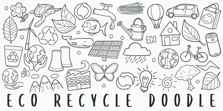 Eco Recycle Doodle Line Art Illustration. Hand Drawn Vector Clip Art. Banner Set Logos.
