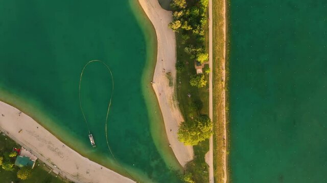 Aerial view of people enjoying summer at Otok Veslaca, Jarun, Zagreb, Croatia.
