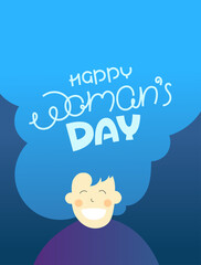 Happy woomans day vector concept with cute long hair woman and calligraphic inscription