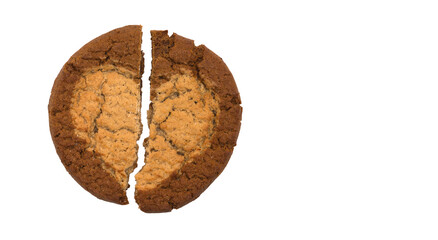 Oatmeal cookies broken in half isolated on a white background with place for text