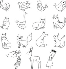 Cats, birds, chanterelles, deer, squirrel and girls in a linear style. Black and white vector illustration. Hand drawn