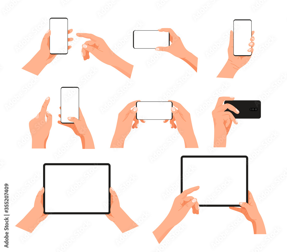 Poster human gesture using modern smartphone and tablet computer. layered vector clipart