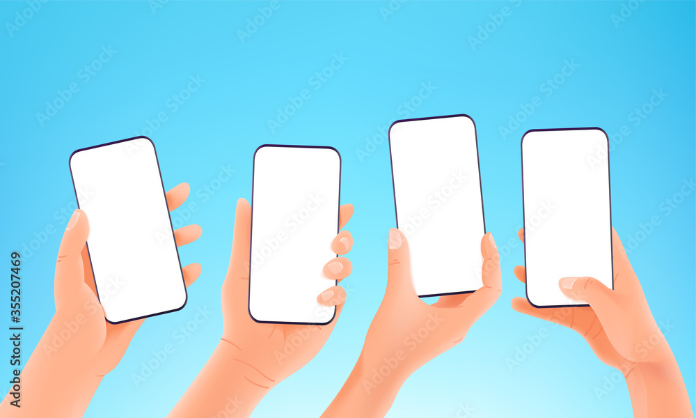 Poster using modern smartphone vector concept. hands holding modern smartphones