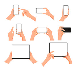 Obraz na płótnie Canvas Human gesture using modern smartphone and tablet computer. Layered vector clipart
