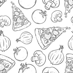 seamless pattern of melted pizza with vegetables using sketchy or hand drawing style