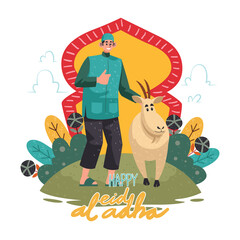 Muslim Man With Goat for Eid Al Adha