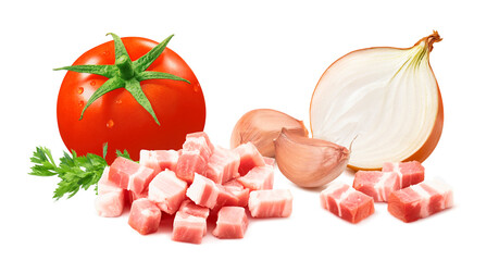 Amatriciana sauce ingredients. Tomato, onion, garlic and Italian bacon isolated on white background