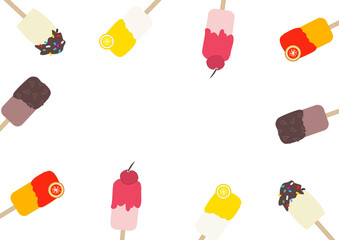 Colorful popsicle icons set, chocolate, vanilla, lemon, orange, blood orange, cherry, isolated, cartoon style