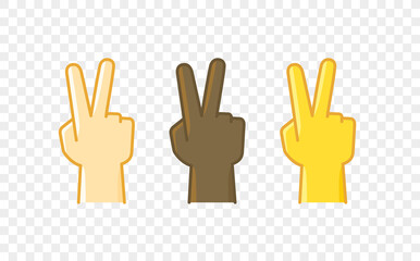 Different color hand gesture comic style vector icon. Victory sign
