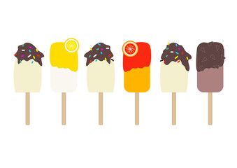 Colorful popsicle icons set, chocolate, vanilla, lemon, orange, blood orange, cherry,  isolated, cartoon style