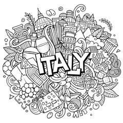 Italy hand drawn cartoon doodles illustration. Funny travel design.