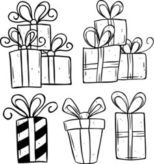 set of birthday gift using doodle art or hand drawing style