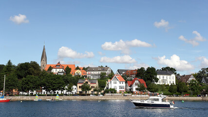 The Romanesque fieldstone church and waterside promenade of Borby in Eckernförde
