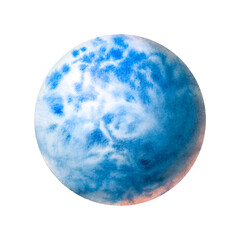 Planet blue painted in watercolor on a white background. Brush drawing a planet. The texture in the circle. Art planet. A space object similar to the earth.
