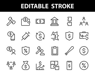 Fototapeta premium Set of business vector line icons. It contains user symbols, dollar pictograms, gears, briefcase, puzzles, envelope, percentage, messages, schedule, and more. Editable Bar 480x480 pixels.