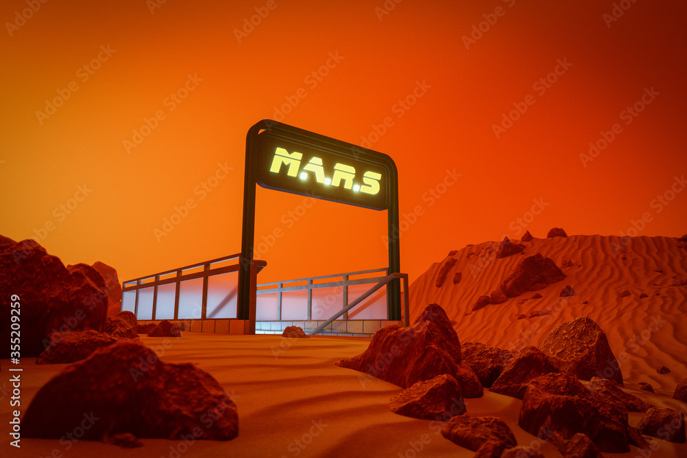 Poster a subway station on mars(3d rendering)
