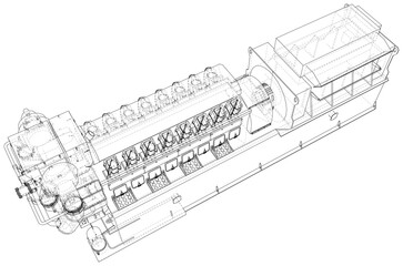 Diesel generator unit for factory. he layers of visible and invisible lines are separated. Wire-frame outline.
