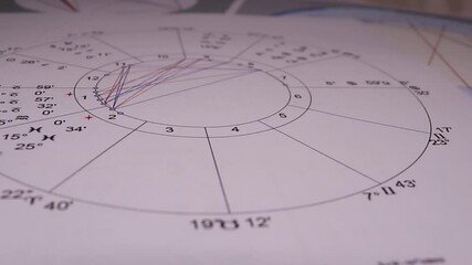 Workplace of a modern astrologer. Astrological charts, tables, diagrams scattered in a mess around the table. Astrological symbols of planets, luminaries, aspects. - Powered by Adobe