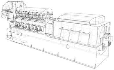 Diesel generator. The layers of visible and invisible lines are separated. EPS10 format. Wire-frame.