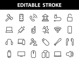 A set of smart devices and gadgets, computer hardware and electronics. Electronic devices icons for web and mobile vector lines. computer, telephone. Editable stroke. 48x48 pixels