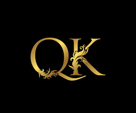 Heraldic Gold letter Q, K and QK Vintage decorative ornament letter stamp, wedding logo, classy letter logo icon.