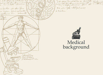 Medical background with inscription, drawings, illegible entries and place for text. Hand-drawn vector illustration in retro style on the theme of medicine, biology, genetics, chemistry.