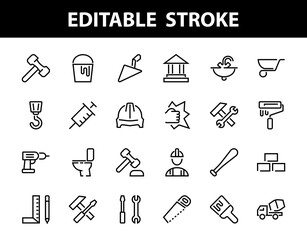 Set of construction icons, simple vector lines, contains the following icons: builder, roller, hammer with wrench, toilet bowl and much more. Editable stroke. 48x48 pixels perfect, white background