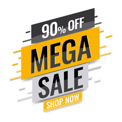 Mega sale banner. Up to 90% off and text shop now.