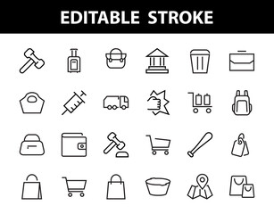 Simple set of bags, shopping and travel icons. Vector illustration Contains icons such as Card, wallet, shopping basket, discount, bowl, package. On a white background, editable stroke