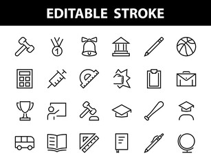 A simple set of school items. Contains icons such as student, award, geography, physical education, geometry and more. On white background. Editable stroke. 480x480