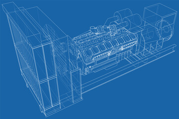 Diesel generator. The layers of visible and invisible lines are separated. EPS10 format. Wire-frame.