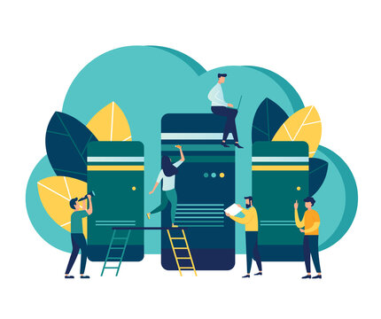 people working on servers, teal and yellow clip art preview