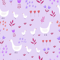 Seamless pattern with geese and flowers.Vector illustration. For textiles, Wallpaper, wrapping paper, bed linen