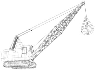 Dragline excavator. The layers of visible and invisible lines are separated. The layers of visible and invisible lines are separated. Wire-frame outline.