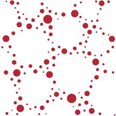 Seamless abstract pattern with big red circles and dots on white background.