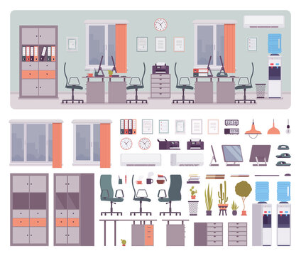 Office creative workspace design, comfortable collaboration workplace interior construction set with furniture, constructor element to make own environment. Cartoon flat style infographic illustration
