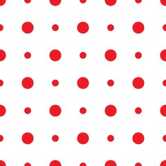 Seamless abstract pattern with big red circles and dots on white background.