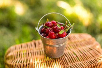 Red cherries in the metal bucket on wooden basket - summer fruits