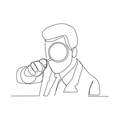 Continuous line drawing of business man hold magnifying glass to analyze work. Vector illustration