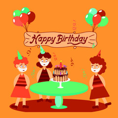 Obraz na płótnie Canvas Vector drawing of a young girl's birthday celebration with cake, balloons on a colored background. People celebrate, congratulate, relax flat, cartoon. Registration of banners, printing on fabric