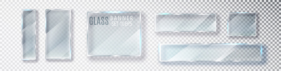 Glass transparent banners set. Vector glass plates with a place for inscriptions isolated on transparent background. Flat glass. Realistic 3D design. Vector transparent object 10 eps