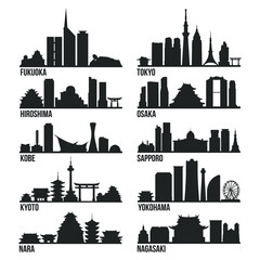 Japan Cities Most Famous Skyline City Silhouette Design Collection Set Pack - obrazy, fototapety, plakaty
