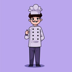 Cute Hand Drawn of Smiling Happy People Chef Wearing Uniform With Mustache. Suitable For Children Kids Activity Book, Mascot, Character, T-Shirt, Sticker, Logo, Cards. Cartoon Illustration. Doodle.