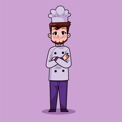 Cute Hand Drawn of Smiling Happy People Chef Wearing Uniform With Beard. Suitable For Children Kids Book, Activity Book, Mascot, Character, T-Shirt, Sticker, Logo, Cards. Cartoon Illustration. Doodle.