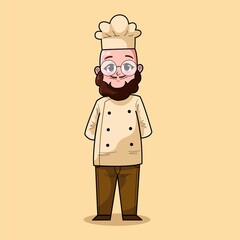Cute Hand Drawn of Smiling Happy Arabian People Chef Wearing Uniform With Bald Head, Beard and Glasses. Suitable For Children Book, Mascot, Character, Sticker, Logo, Card. Cartoon Illustration. Doodle